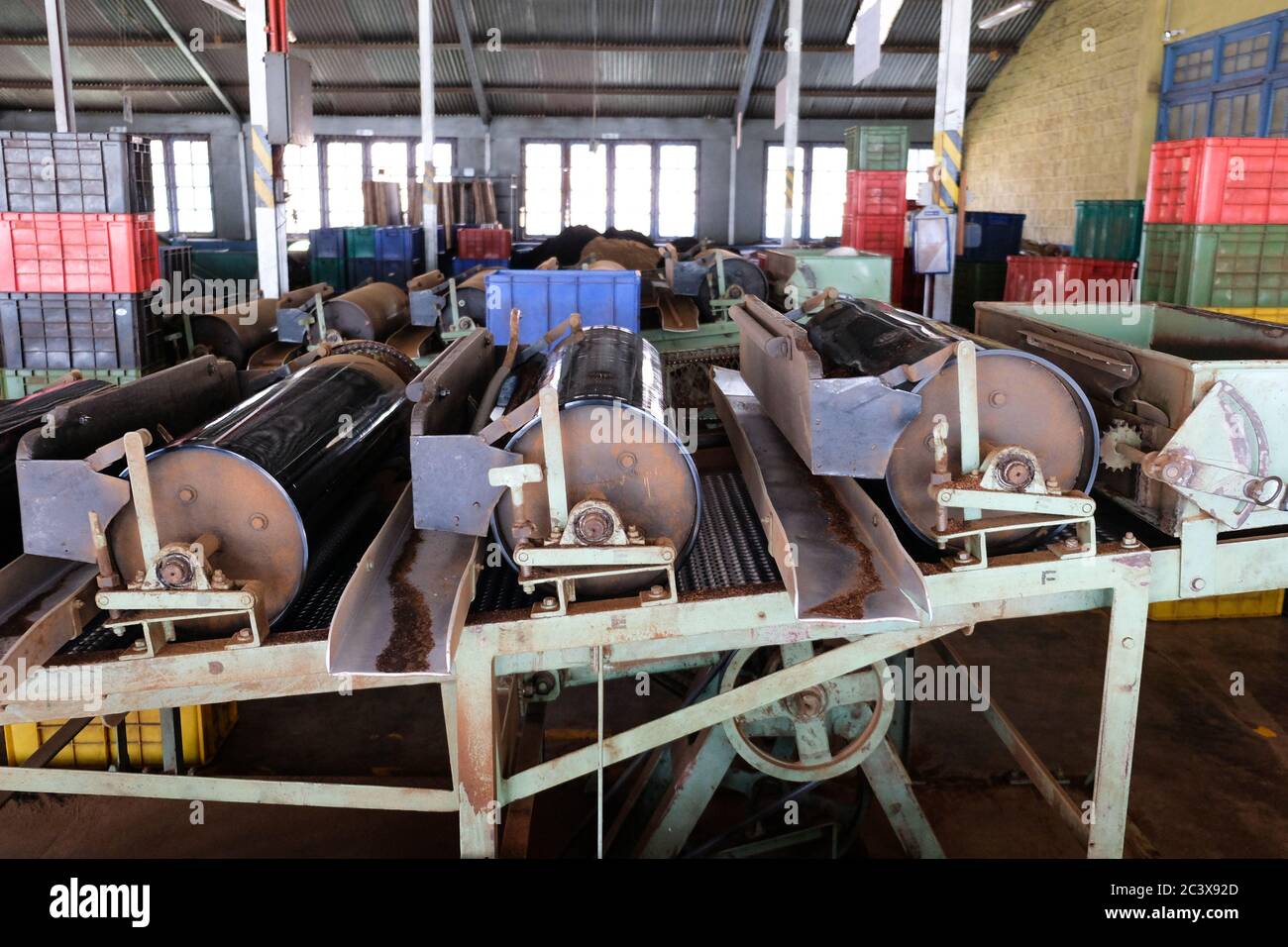 Nuwara Eliya, Kandy / Sri Lanka - 2019: Tea leaves processing equipment inside a tea factory. Black and green tea manufacturing process, old engines Stock Photo
