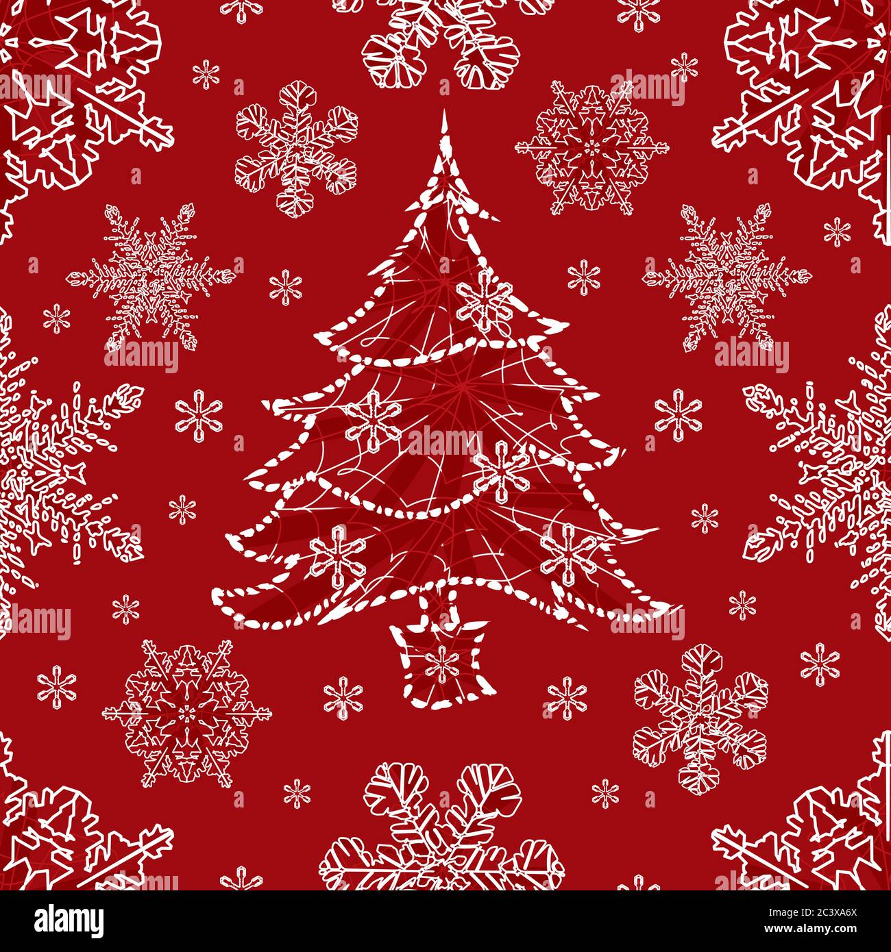 Vector red monochrome sparkling christmas tree and snowflakes seamless pattern. Suitable for textile, gift wrap and wallpaper. Stock Vector