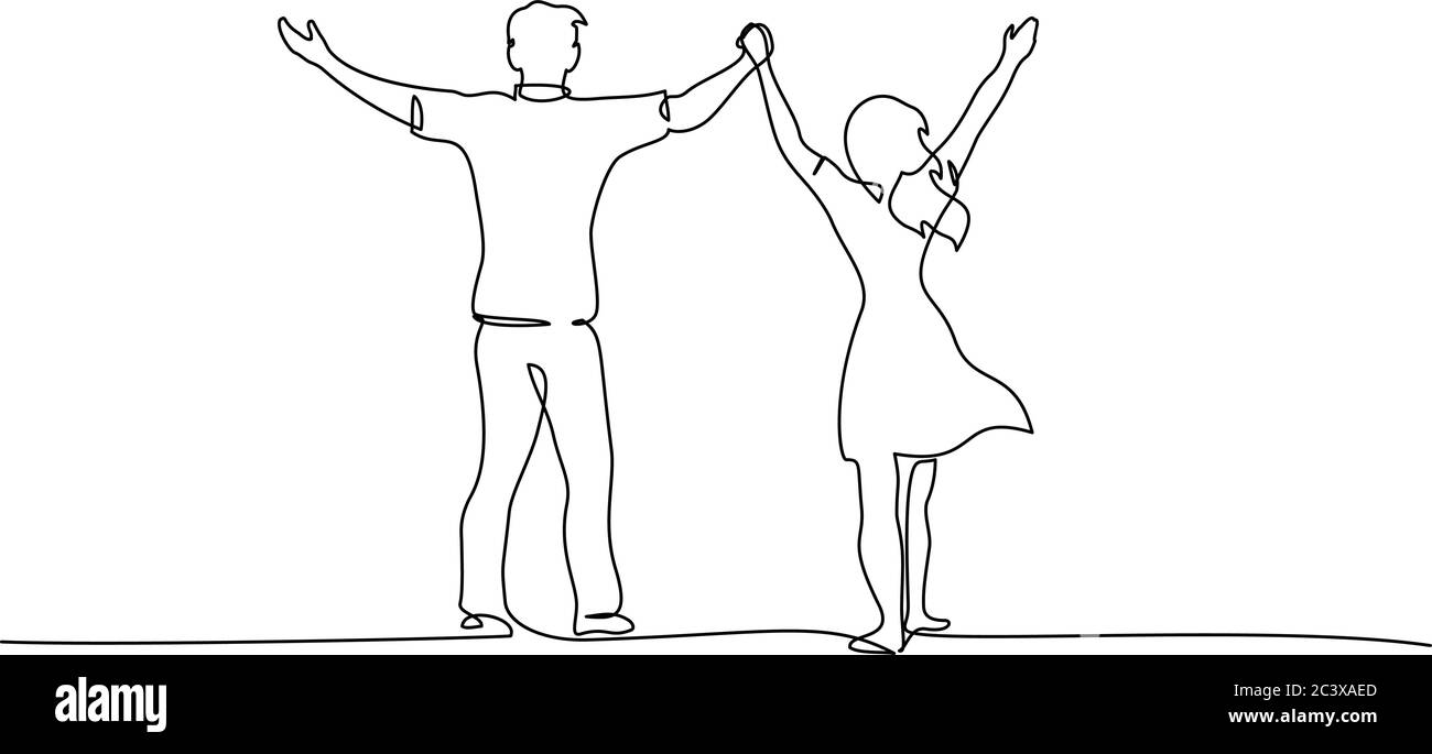Continuous One line drawing. Happy couple standing and holding hands up together. Vector illustration Stock Vector