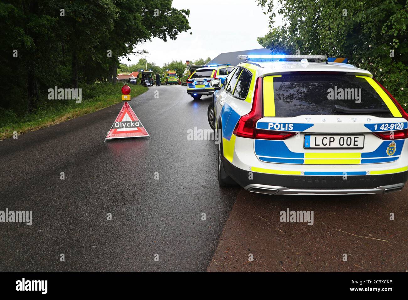 Motala, Sweden 20200622 SOS alerted police, emergency services and ambulance to Djurgårdsvägen just outside Motala. A passenger car had driven off the road. Four people must have been in the car. Photo Jeppe Gustafsson Stock Photo