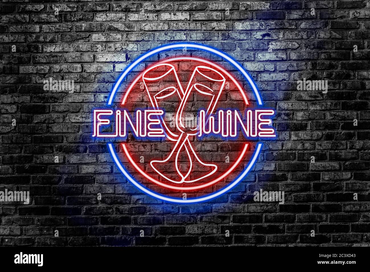 Wine bar neon signboard light on brick wall background. Fine wine Stock