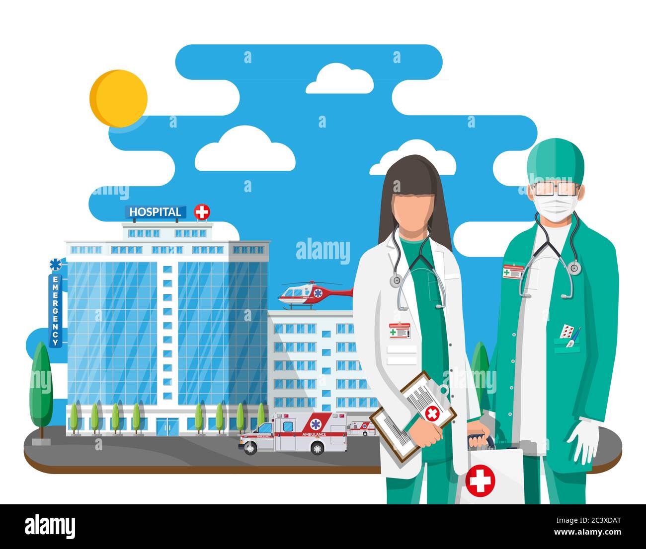 Ambulance staff concept. Hospital building, medical icon. Healthcare, hospital and medical diagnostics. Urgency and emergency services. Road, sky, tree. Car and helicopter. Flat vector illustration Stock Vector