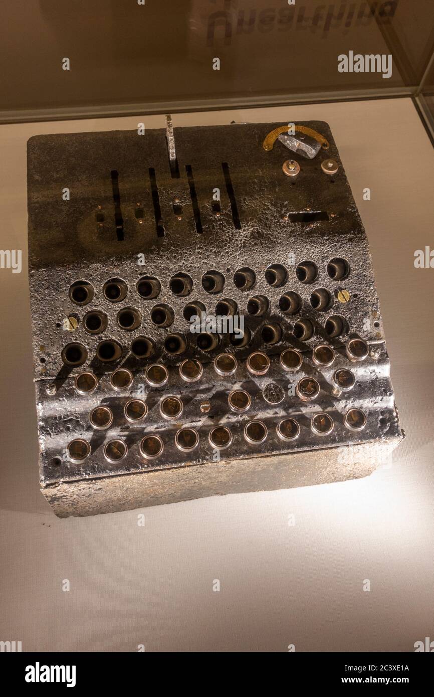 An Enigma or G31 (no. G110) German cipher machine on display in
