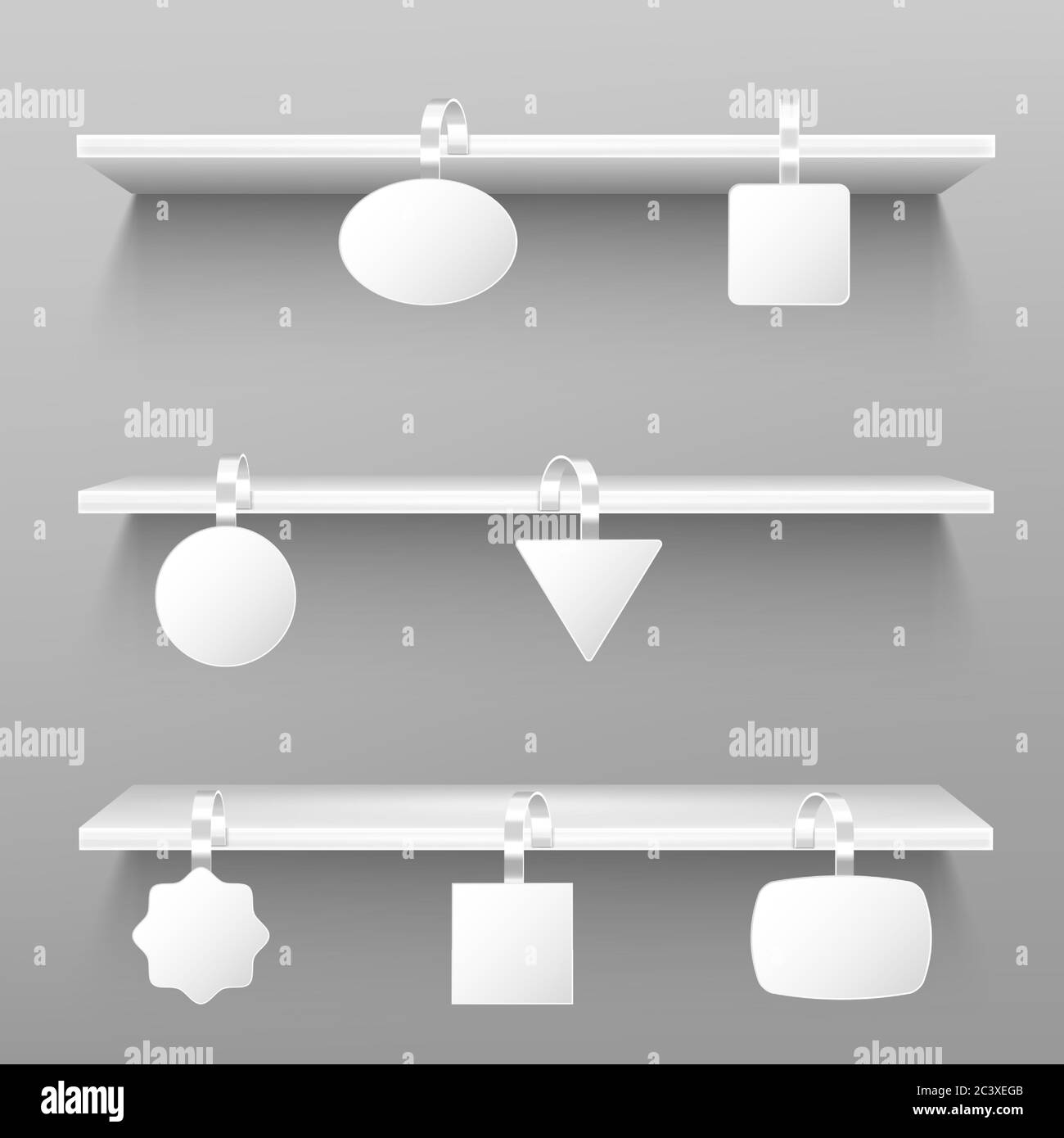 Wobblers On Wooden Shelves Blank Price Tags Hang On Rack On Grey Wall Background Paper Stickers On Plastic Or Metal Strips Mock Up Clear Pricing Labels Of Various Shapes Realistic 3d Vector