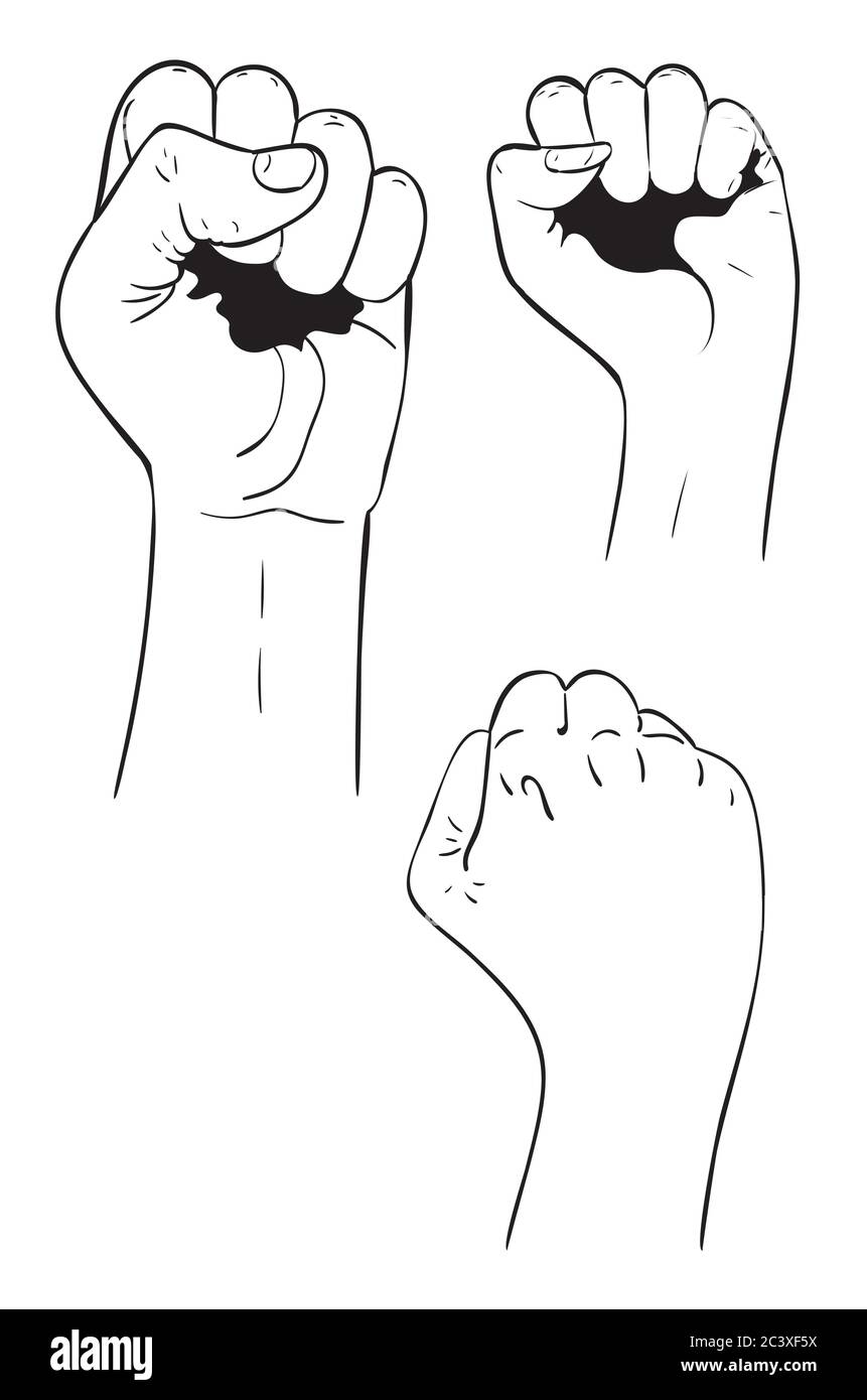 Simple line art of raised fist, black and white illustration Stock