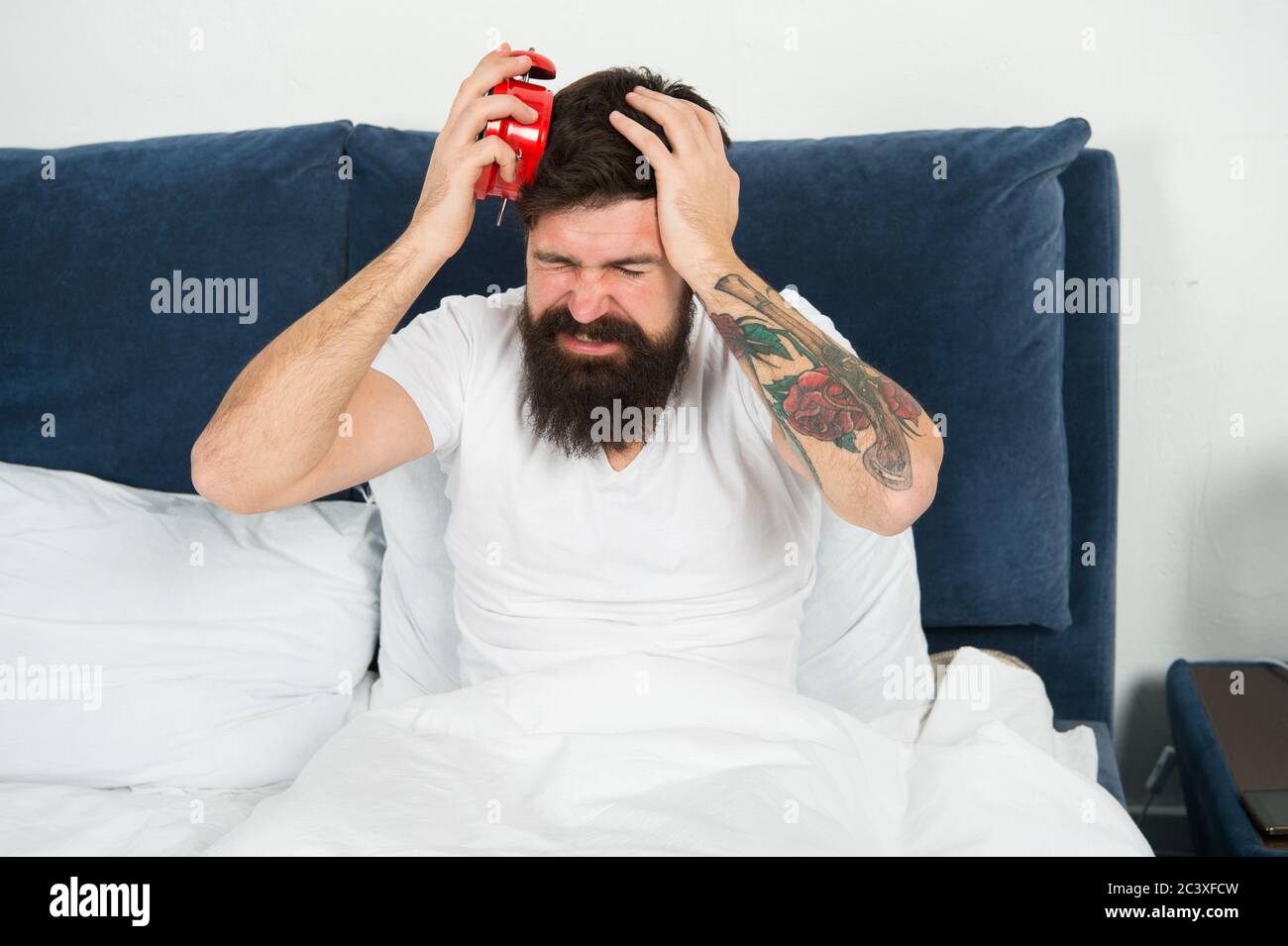 My clock is running late. Late riser suffer headache. Stressed hipster hold alarm clock in bed. Bearded man wake up late in morning. Keeping late hours. Wake time after sleep. Stock Photo
