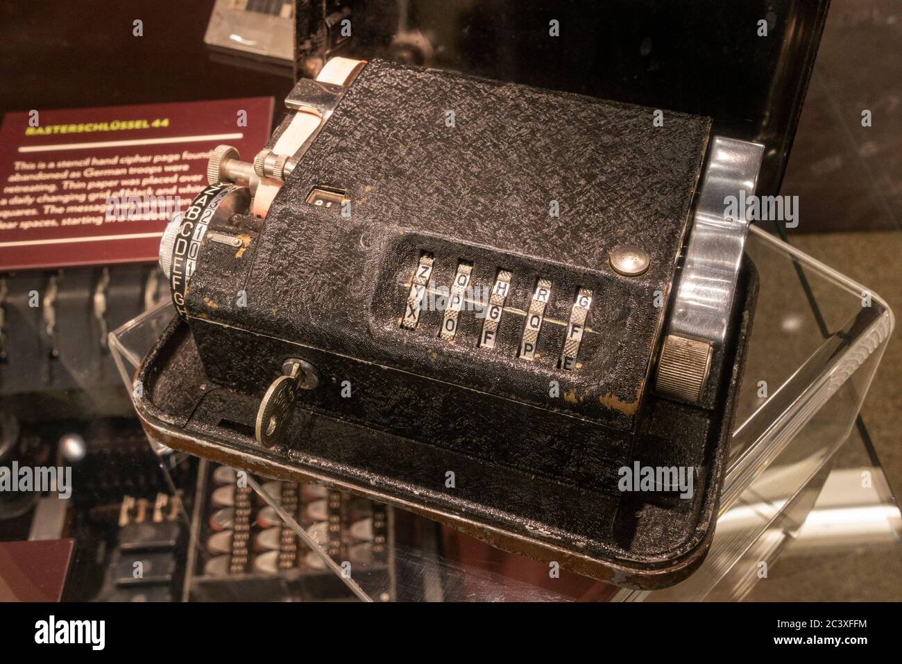 A Hagelin C36 cypher machine used by the Italian Navy during WWII on display in Bletchley Park, Bletchley, Buckinghamshire, UK. Stock Photo