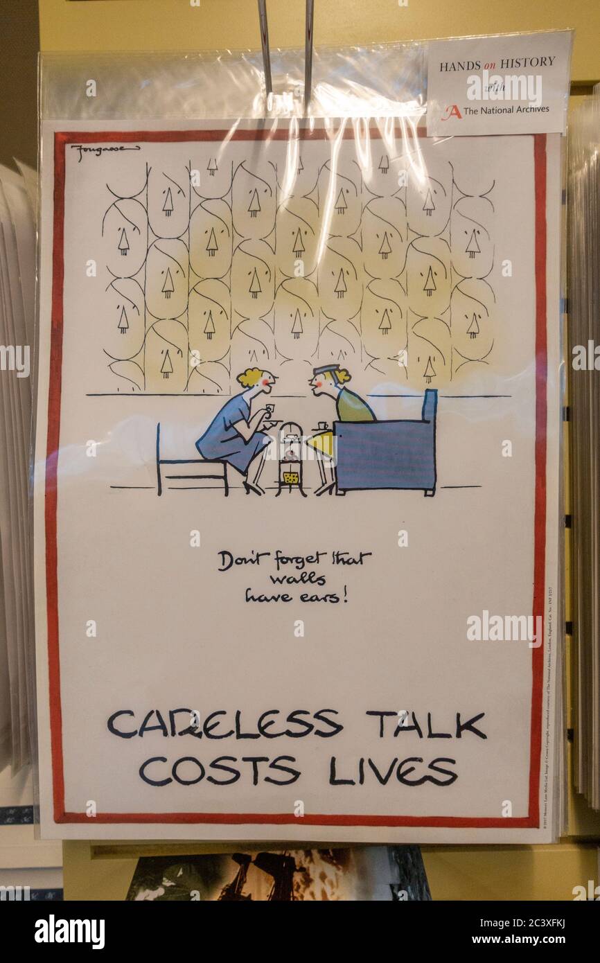 'Careless Talk Costs Lives -Dont forget that walls have ears' poster on sale in the museum shop, Bletchley Park, Buckinghamshire, UK. Stock Photo