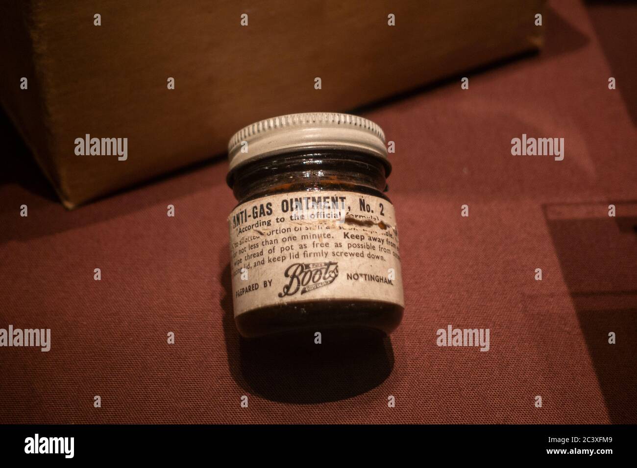 A jar of Boots Anti-Gas Ointment No 2, on display in Bletchley Park, Bletchley, Buckinghamshire, UK. Stock Photo