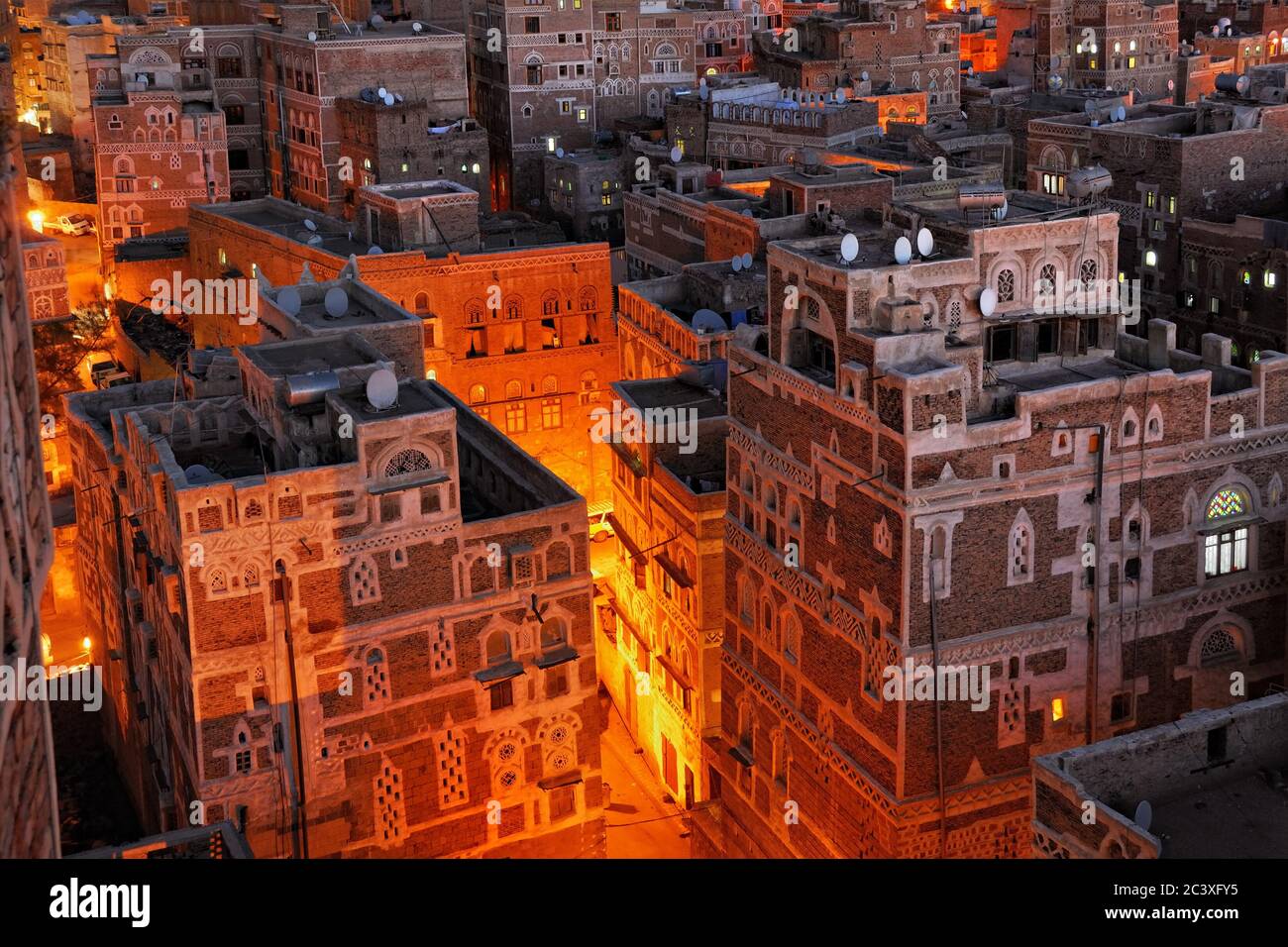 Yemen Night View Of The Old City Of Sanaa From Above Inhabited For More Than 2 500