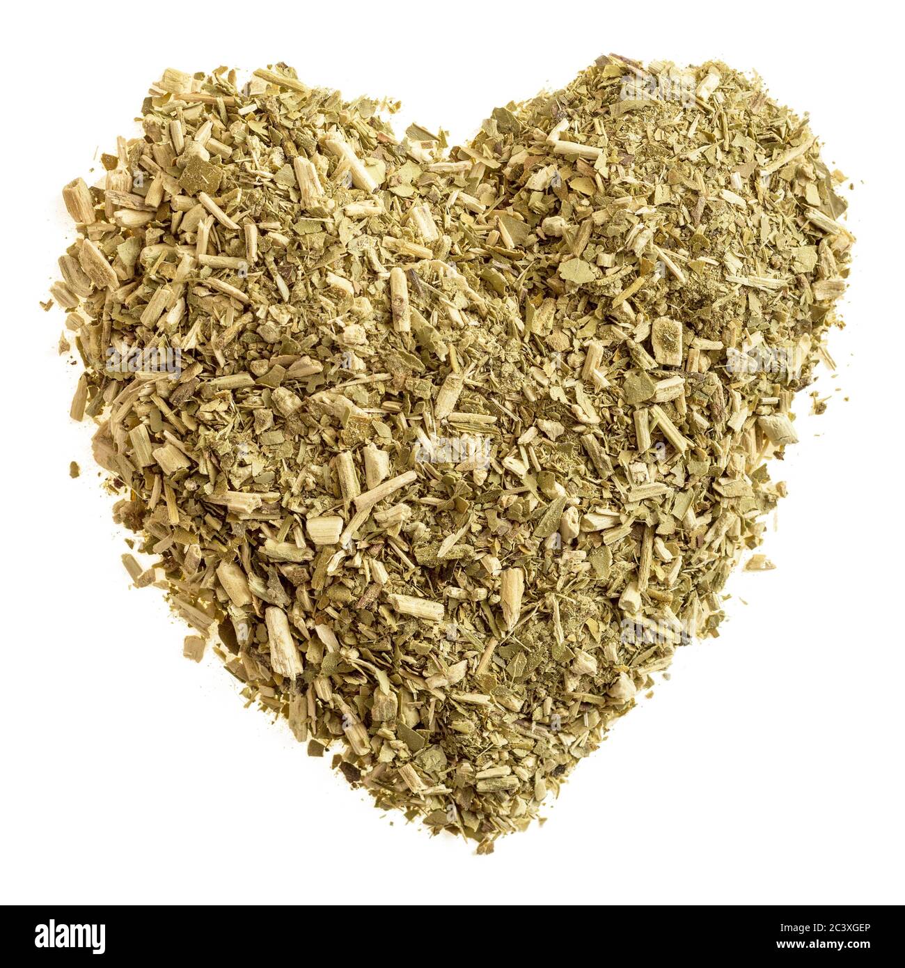 Heart of dry tea leaves with mate on white background isolate Stock Photo