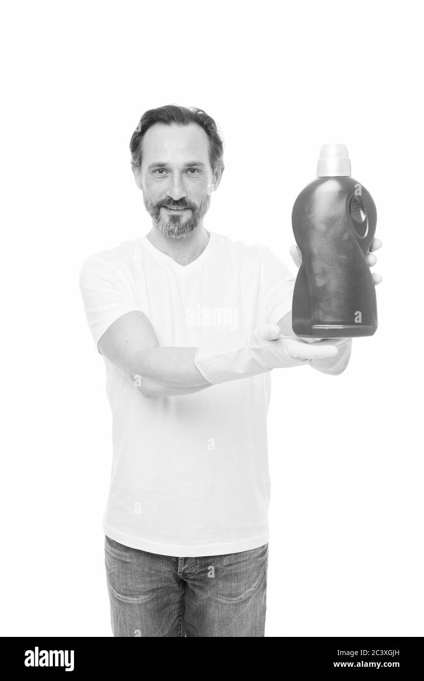 Doing laundry. Product for cleaning. Man rubber gloves hold plastic