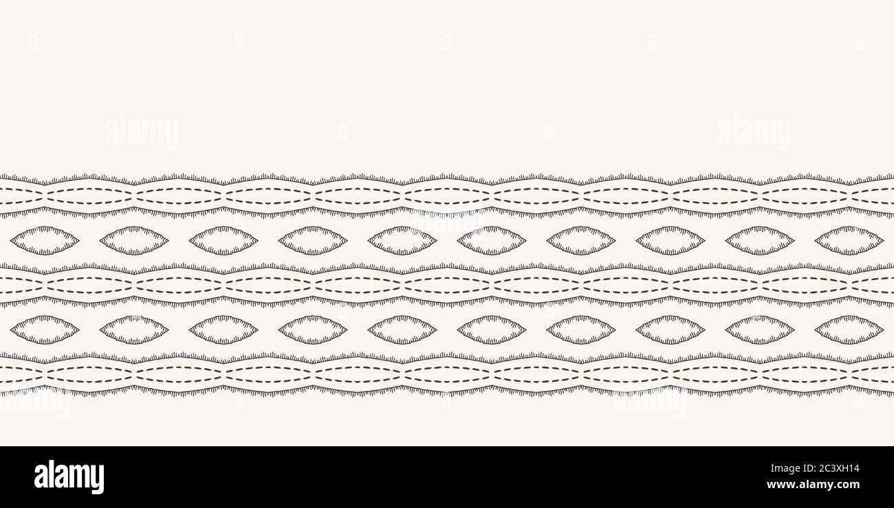 Decorative running stitch embroidery border. Victorian diamond needlework pattern. Hand drawn ornamental textile ribbon. Ecru cream home decor edging Stock Vector