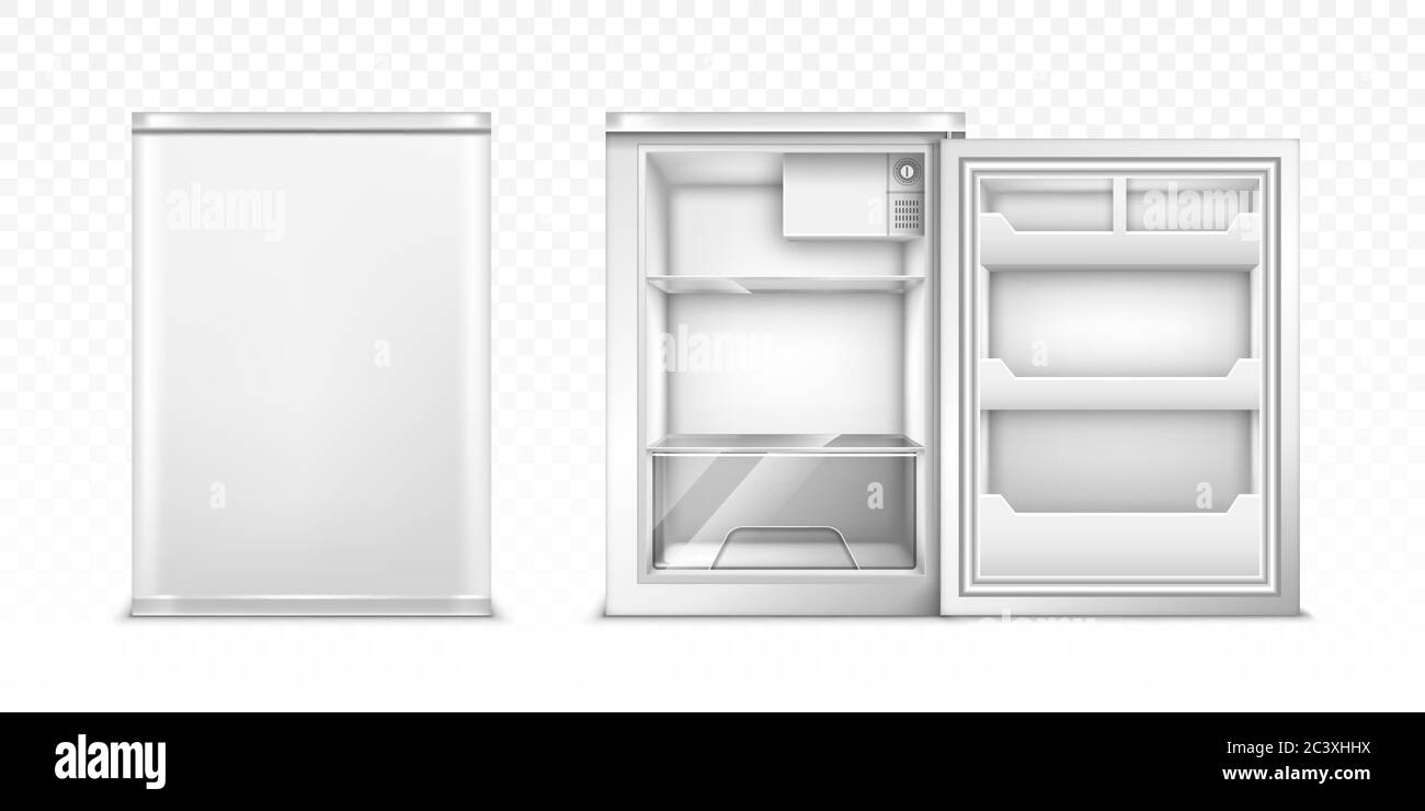 Small refrigerator with open and closed door. Vector realistic mockup of empty mini fridge for kitchen or restaurant. White cooler equipment in front view isolated on transparent background Stock Vector