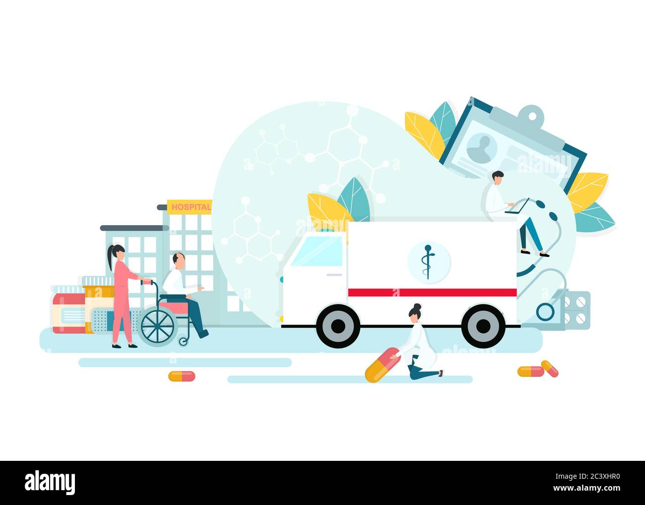 Medical Services. Modern Hospital Exterior With Ambulance, Doctors, Nurses And Patients, Vector Stock Vector