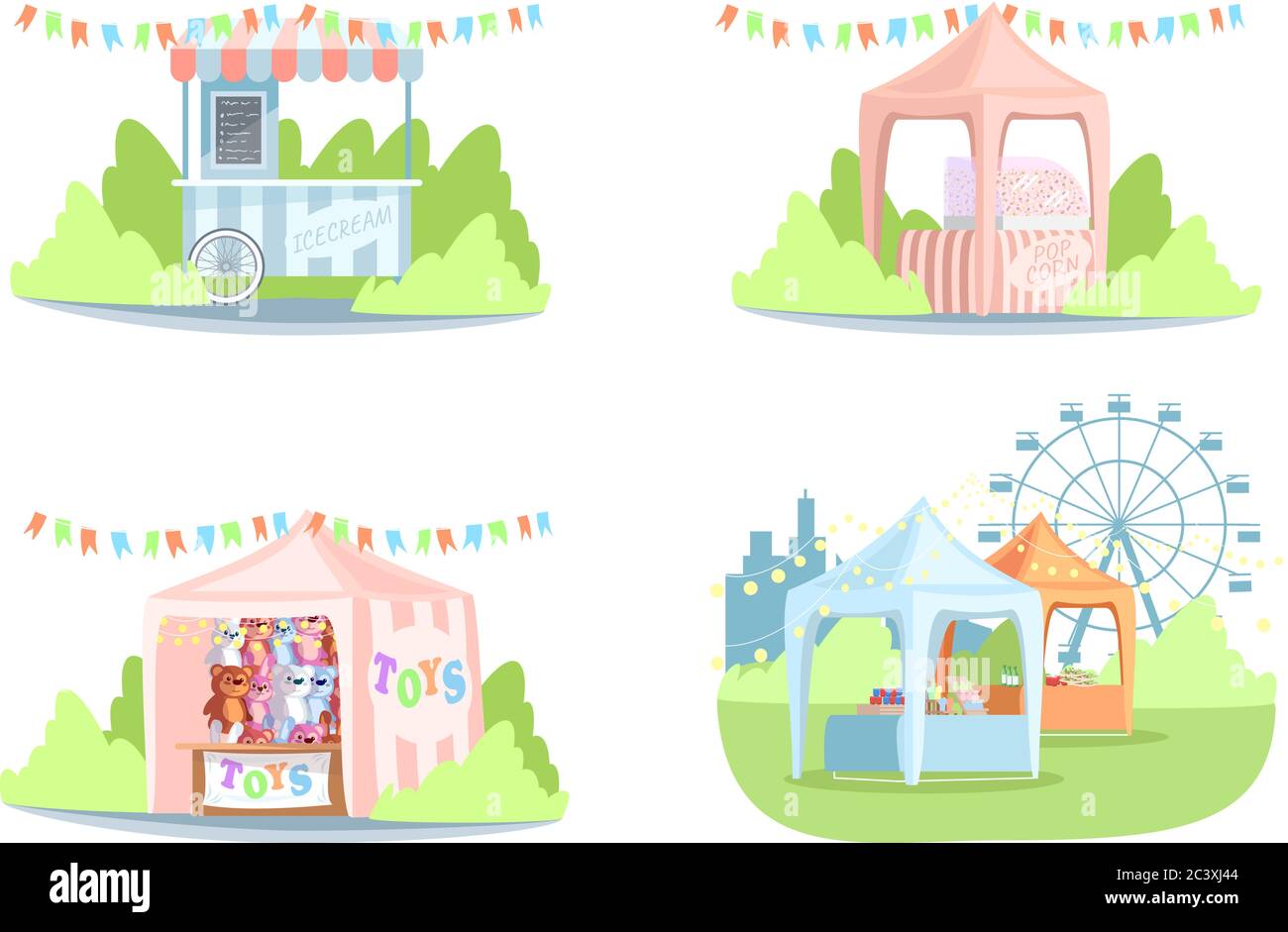 Street market stands semi flat RGB color vector illustrations set Stock ...