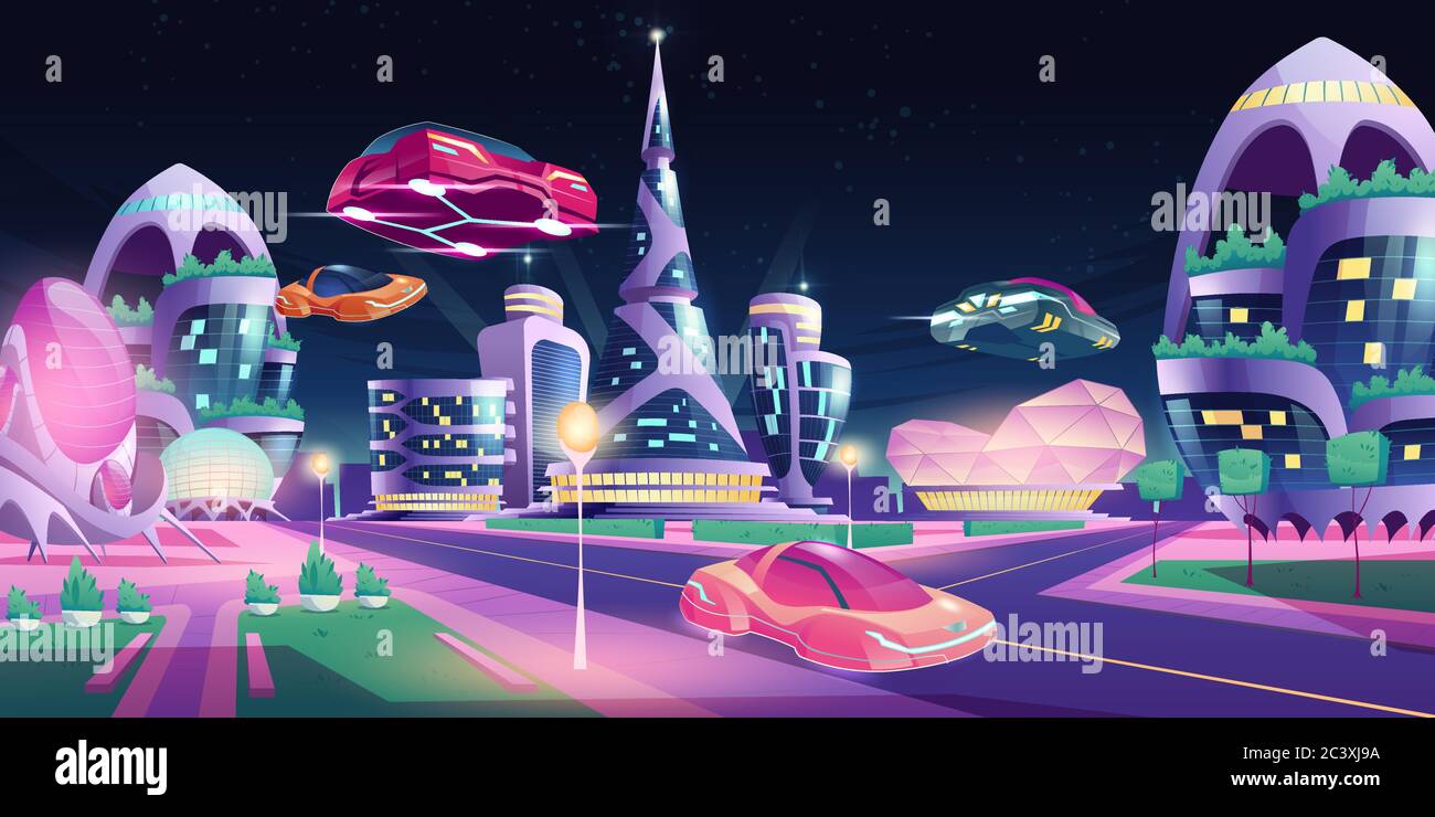 Future night city with flying cars and futuristic neon glowing glass buildings of unusual shapes, green plants, automobile drive road. Alien urban architecture skyscrapers, Cartoon vector illustration Stock Vector