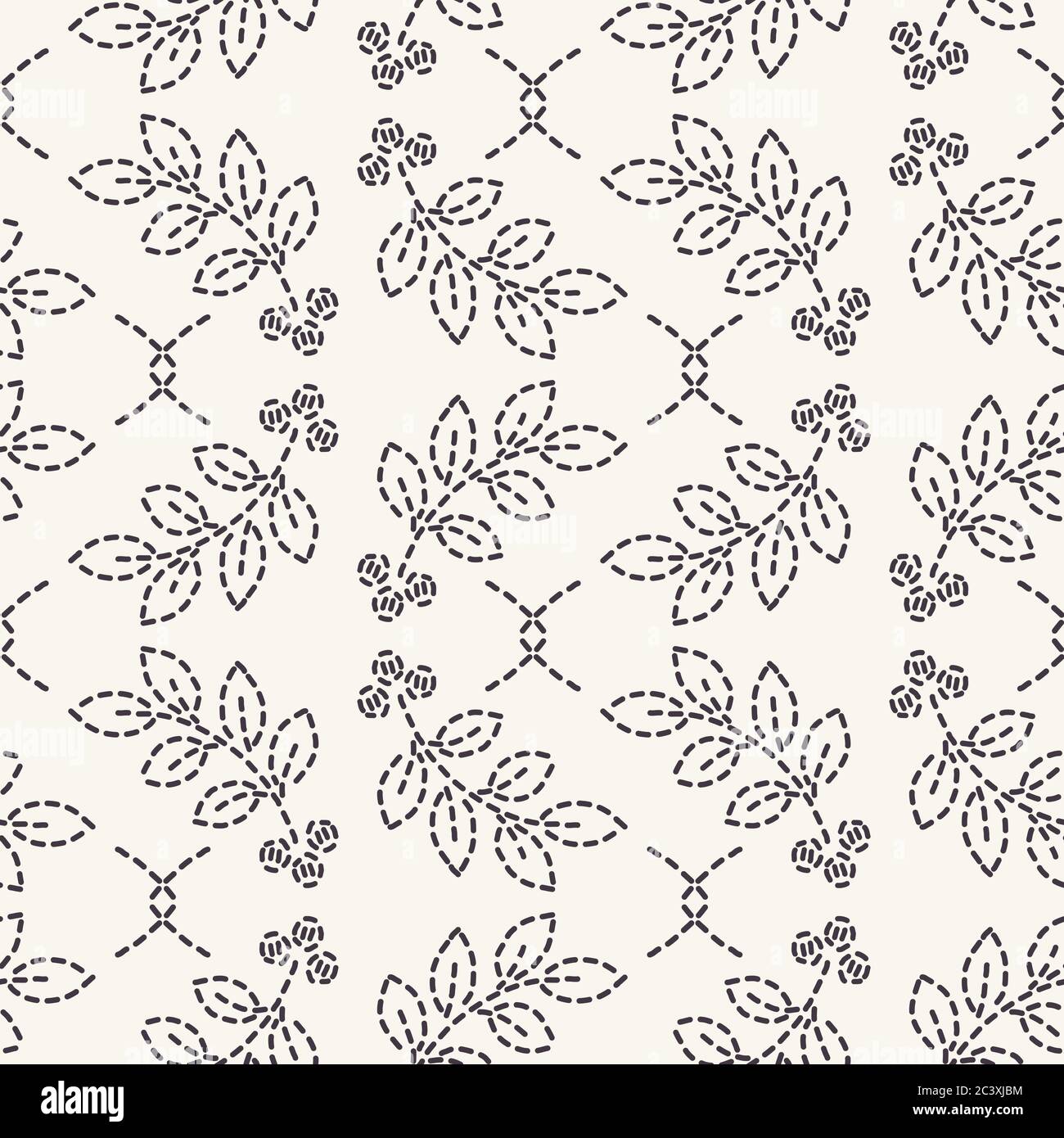 Leaf running stitch embroidery pattern. Simple needlework seamless vector background. Hand drawn geometric floral mosaic textile print. Ecru cream Stock Vector