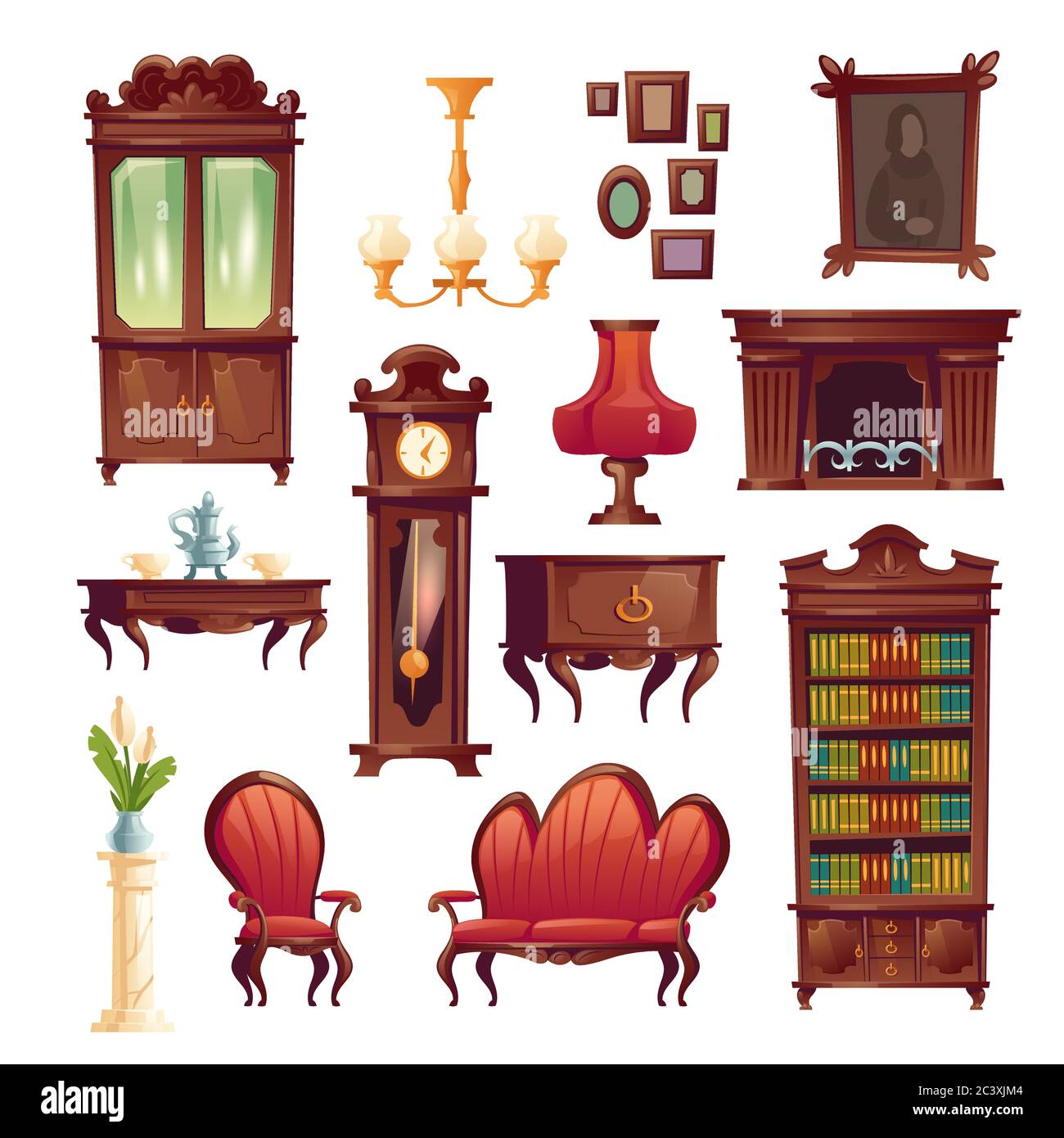 Victorian interior living room stuff, luxury royal tea service, fireplace, armchair and couch, grandfather clock, table lamp and chandelier, cupboard, picture and table, Cartoon vector illustration Stock Vector