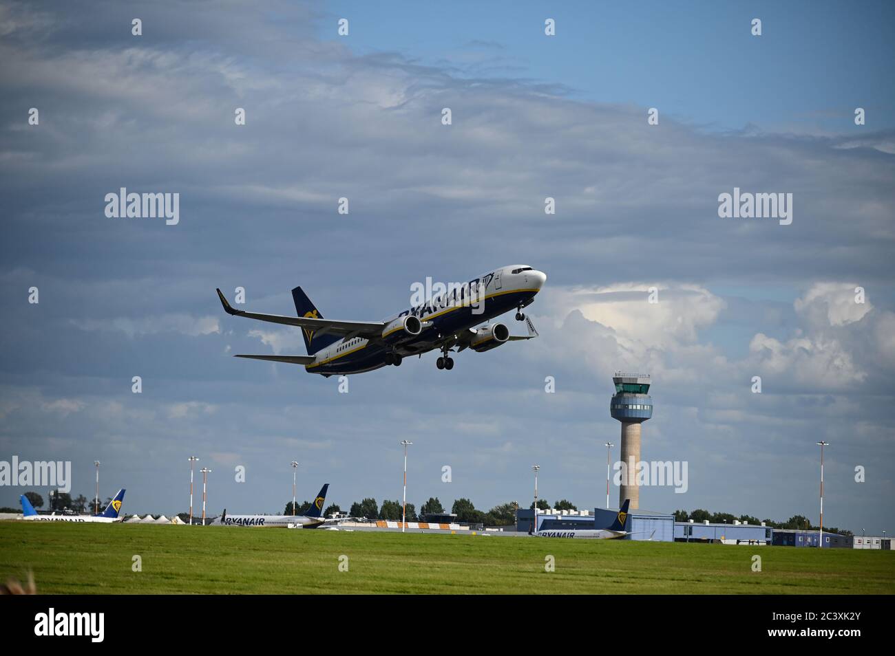 Ryanair flight taking off from East Midlands airport. Stock Photo