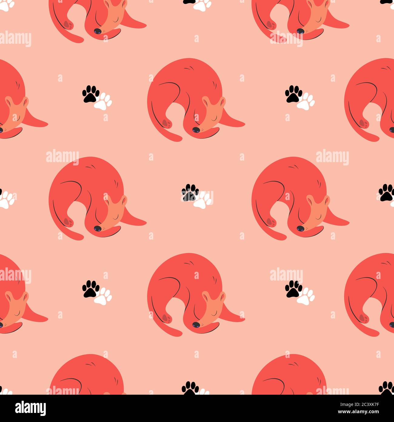 Pink pattern with sleepy dog and paws. Stock Vector