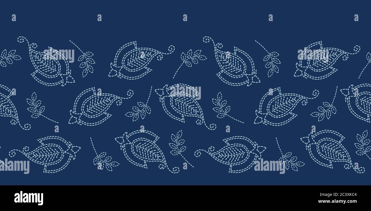 Floral leaf paisley motif sashiko style. Japanese needlework seamless  border vector pattern. Hand stitch indigo blue boteh foulard ribbon trim  Stock Vector Image & Art - Alamy