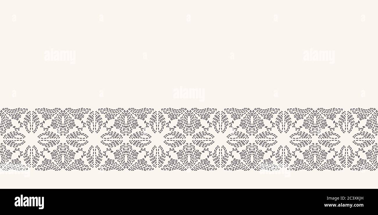 Flower running stitch embroidery border pattern. Simple needlework Hand drawn geometric floral mosaic. Textile ribbon trim. Ecru cream home decor Stock Vector