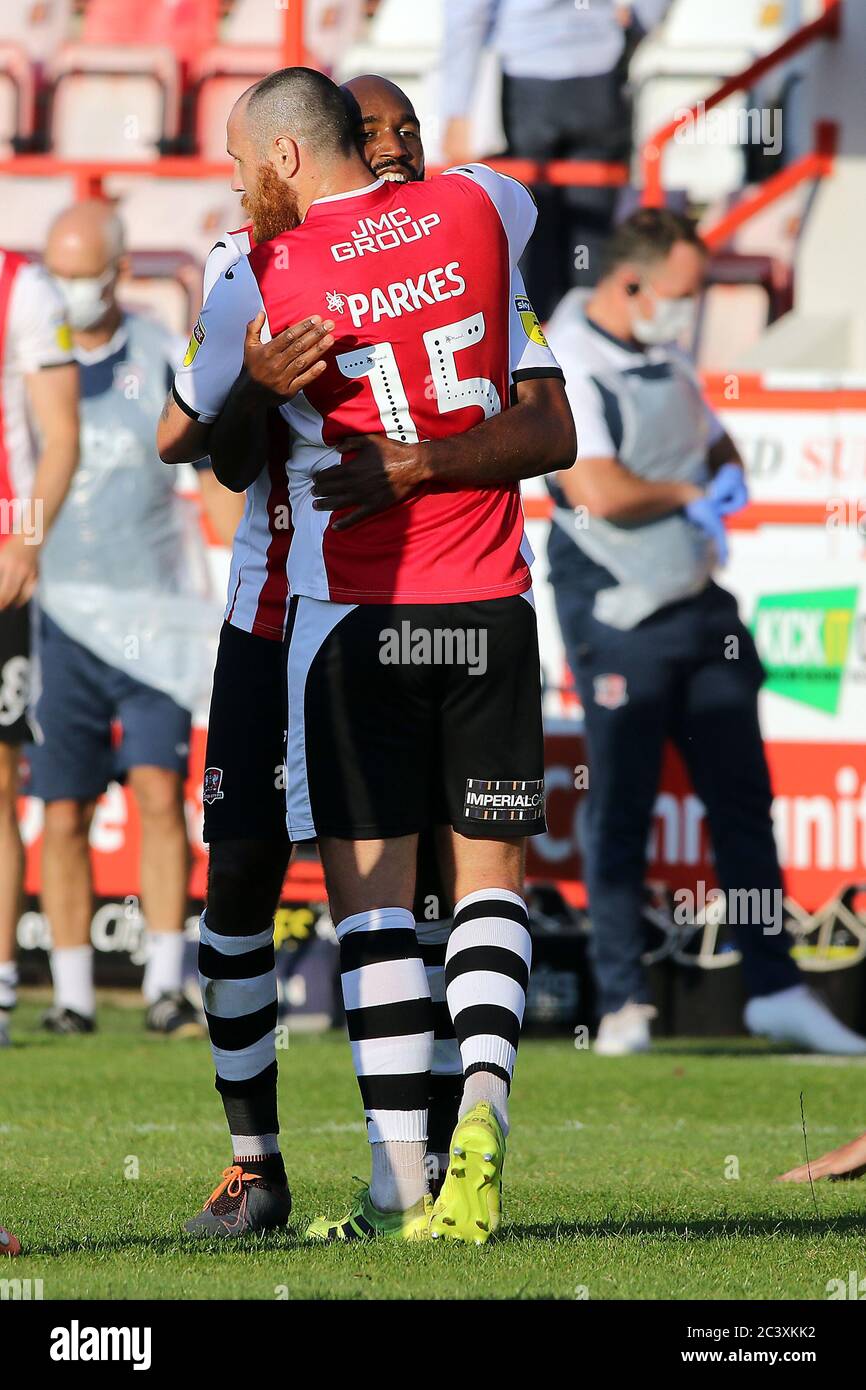 Exeter Uk 22nd June Nigel Atangana Of Exeter City Celebrates With Tom Parkes Of Exeter City After The Efl Sky Bet League 2 Play Offs Semi Final Match Between Exeter City And Colchester Exeter Uk 22nd June Nigel Atangana Of Exeter City Celebrates With Tom Parkes Of Exeter City After The Efl Sky Bet League 2 Play Offs Semi Final Match Between Exeter City And Colchester