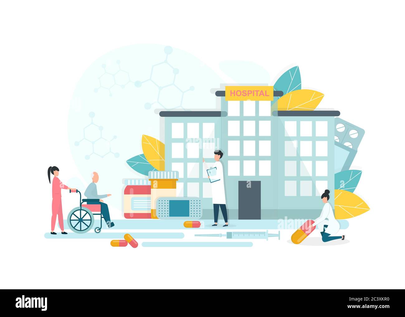 Vector Illustration Of Modern Hospital Exterior With Doctors, Nurse And Disabled Patient Stock Vector
