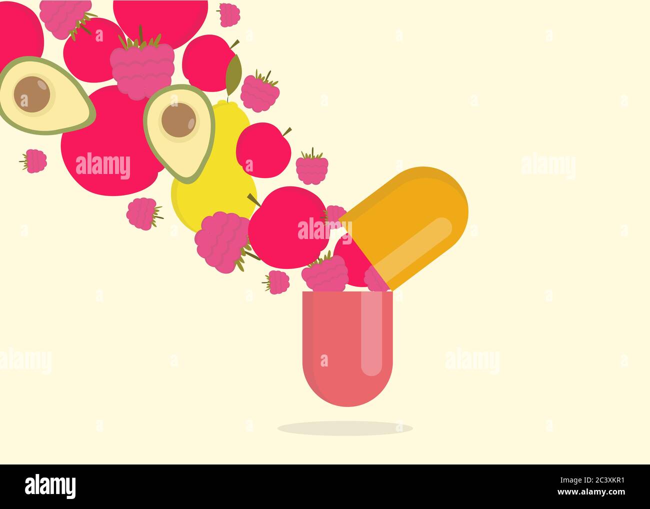 Vitamins And Supplements. Fresh Fruits Coming Out Of Open Capsule