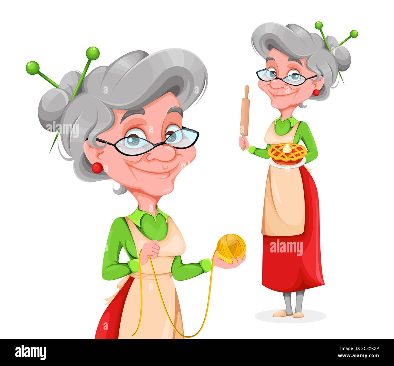Cute smiling old woman, set of two poses. Happy Grandparents day. Cheerful grandmother cartoon character. Vector illustration on white background Stock Vector