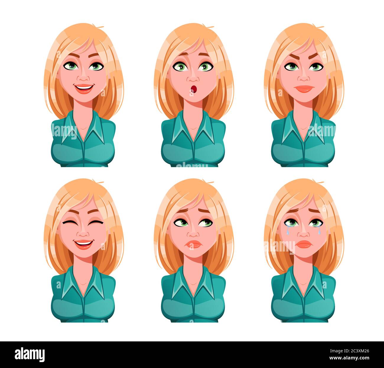 Face expressions of woman with blonde hair. Different female emotions set.  Beautiful cartoon character. Vector illustration isolated on white backgrou  Stock Vector Image & Art - Alamy