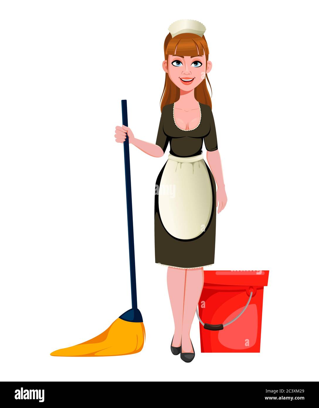 Maid, cleaning lady, smiling cleaning woman mops the floor. Cheerful housemaid cartoon character. Vector illustration Stock Vector