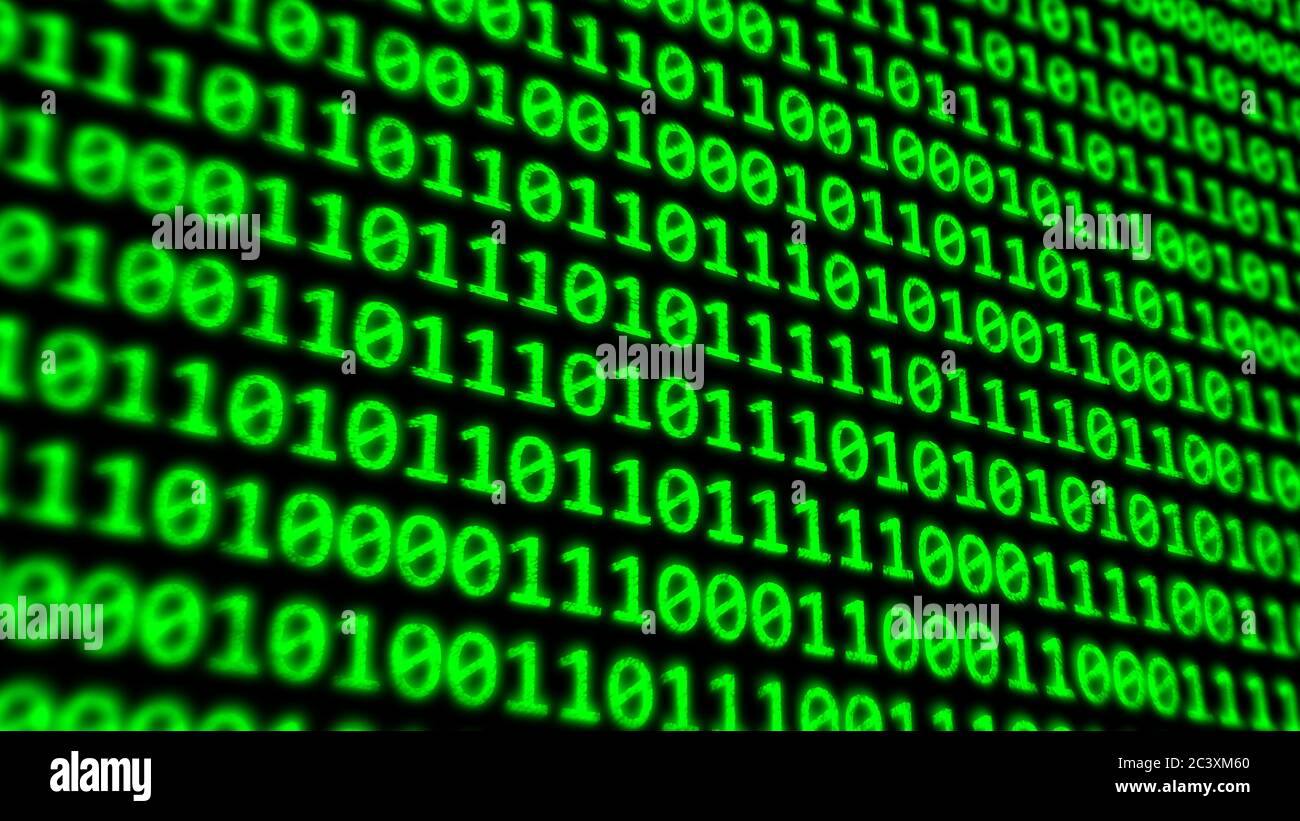 Binary Code Program Digits on Dark Computer Monitor Screen - Abstract Background Texture Stock Photo