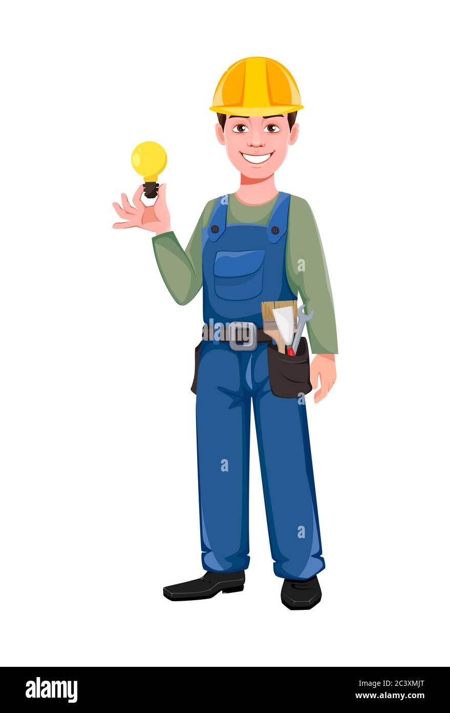 Builder cartoon character. Young construction worker in hard hat. Vector  illustration on white background Stock Vector Image & Art - Alamy
