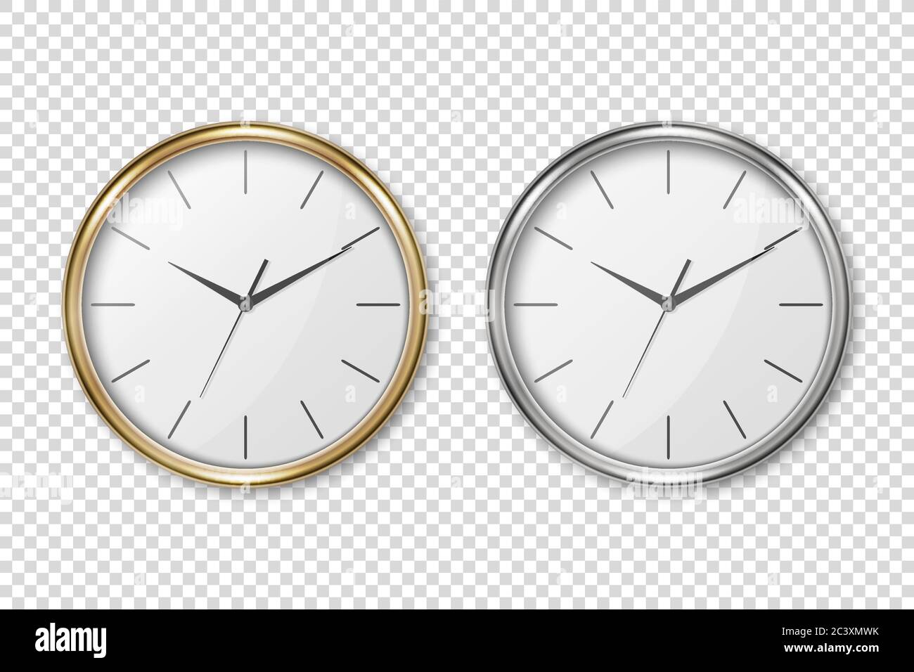 Vector 3d Realistic Simple Round Silver, Golden Wall Office Clock with ...