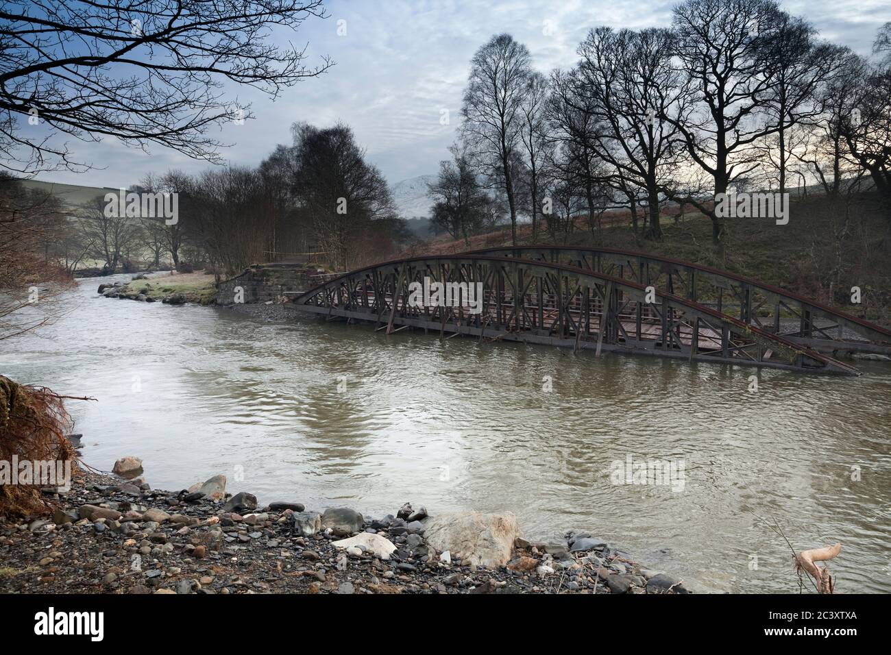 Collapsed bridge over River Greta after Storm Desmond hit Cumbria in 2015 Stock Photo
