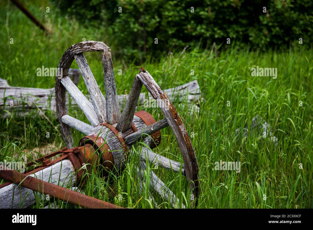 The remnants of an old wooden and rusty steel wagon, including a wood