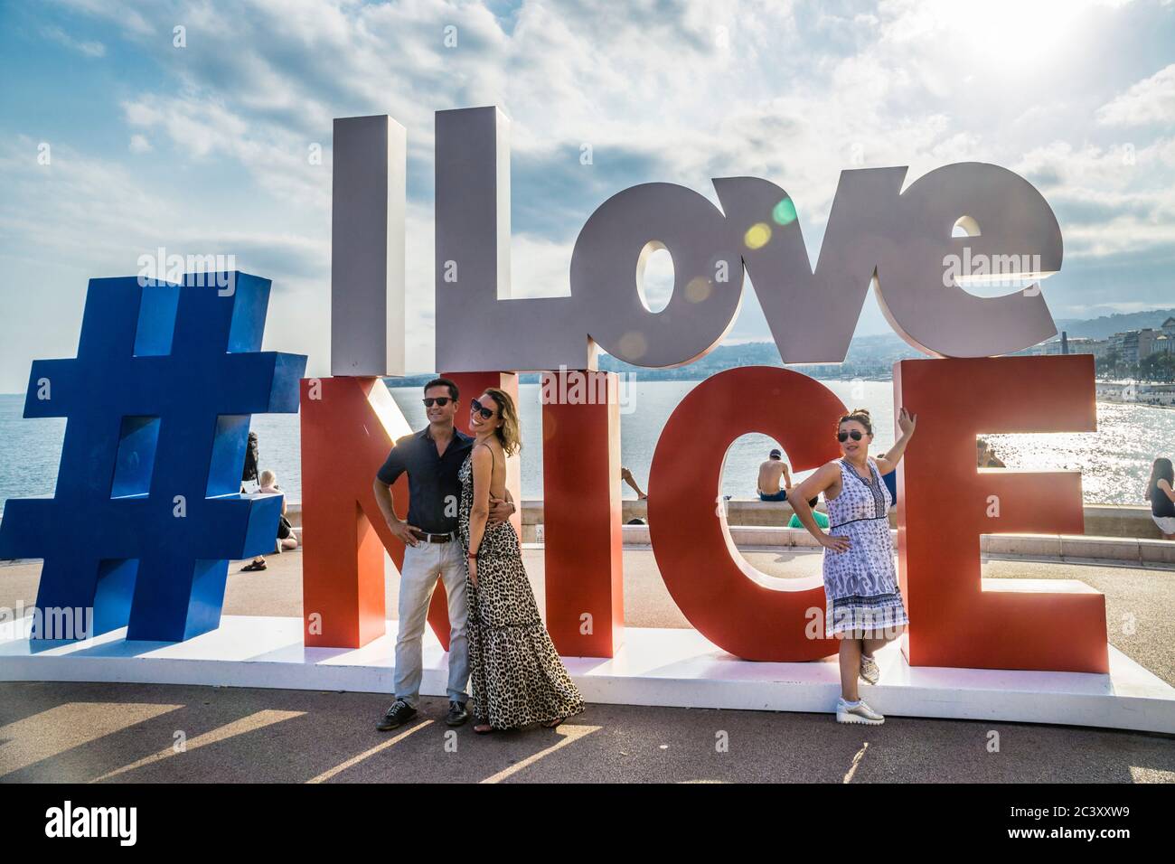 'I Love Nice' sign at the Nice waterfront, a popular selfie backdrop, Nice, French Riviera, Provence-Alpes-Côte d'Azur, France Stock Photo