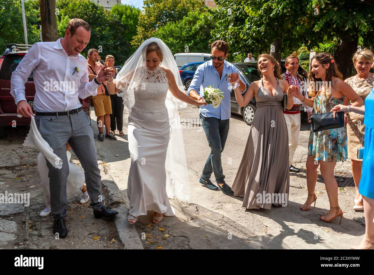 Dancing happens at any time at a Bulgarian wedding Stock Photo
