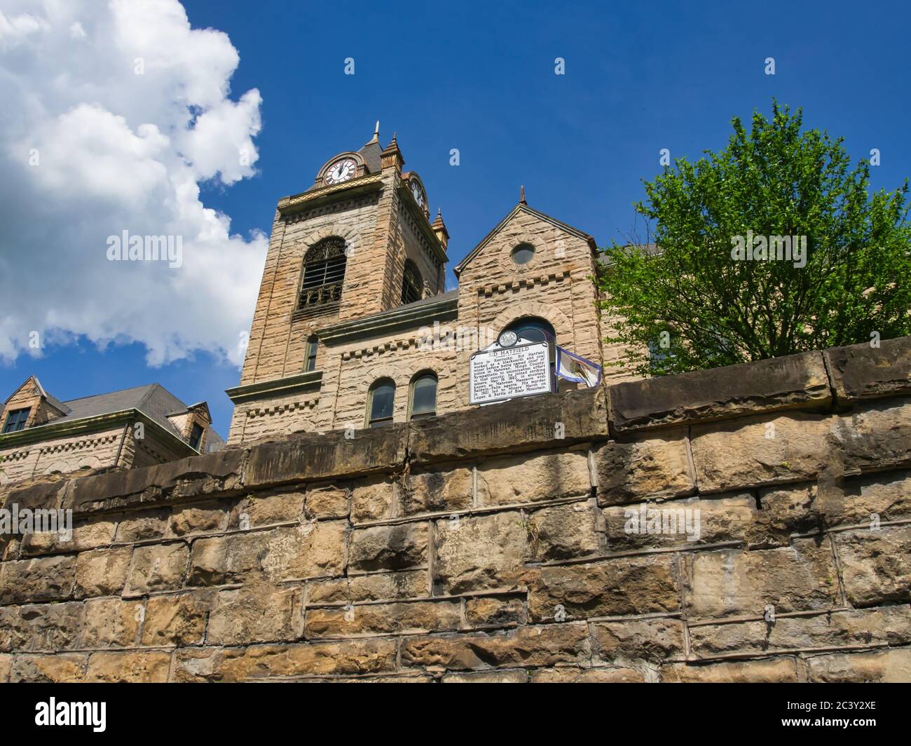 A low angle view of The McDowell County Courthouse  in Welch, West Virginia. On these steps Sid Hatfield police chief of Matewan WV was murdered. Stock Photo