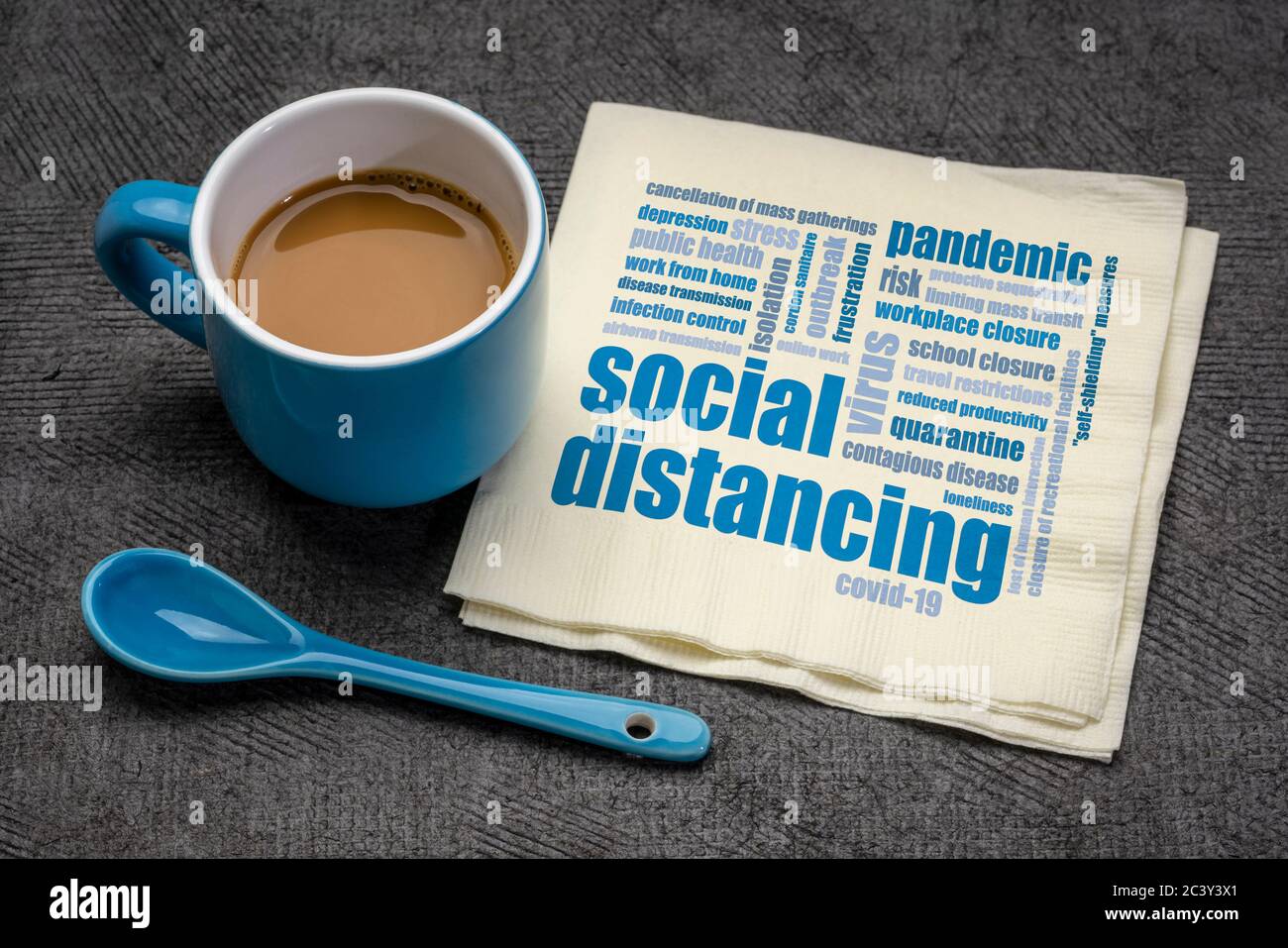 Social distancing word cloud on a piece on a napkin with a cup of coffee - set of infection control actions to stop or slow down the spread of a conta Stock Photo