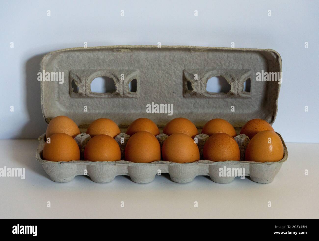 Dozen Large Brown Eggs in egg carton fresh on white background stock photograph Stock Photo