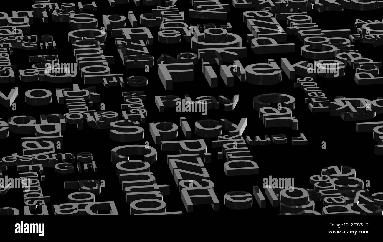 wallpaper gray text random words on a dark black background. rain of  letters dictionary 3d abstract render illustration isolated Stock Photo -  Alamy