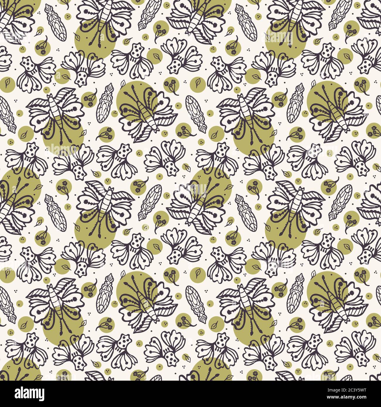 Seamless pattern hand drawn tiny falling leaf butterfly motif background. Stylized leaves ditsy dots allover print. Vector line art swatch Stock Vector