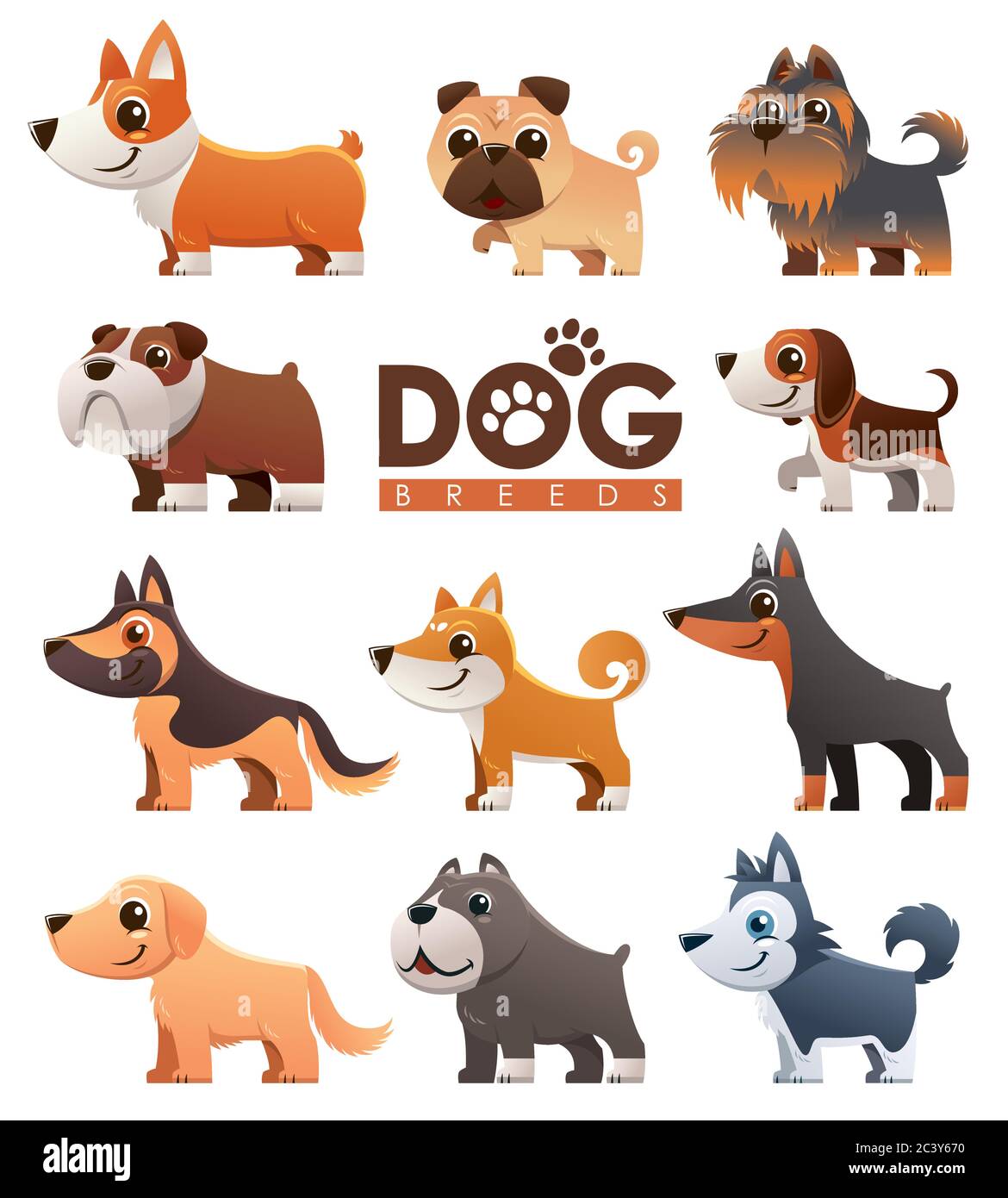 Vector illustration of Cartoon dogs breeds set. Cute dog. Stock Vector
