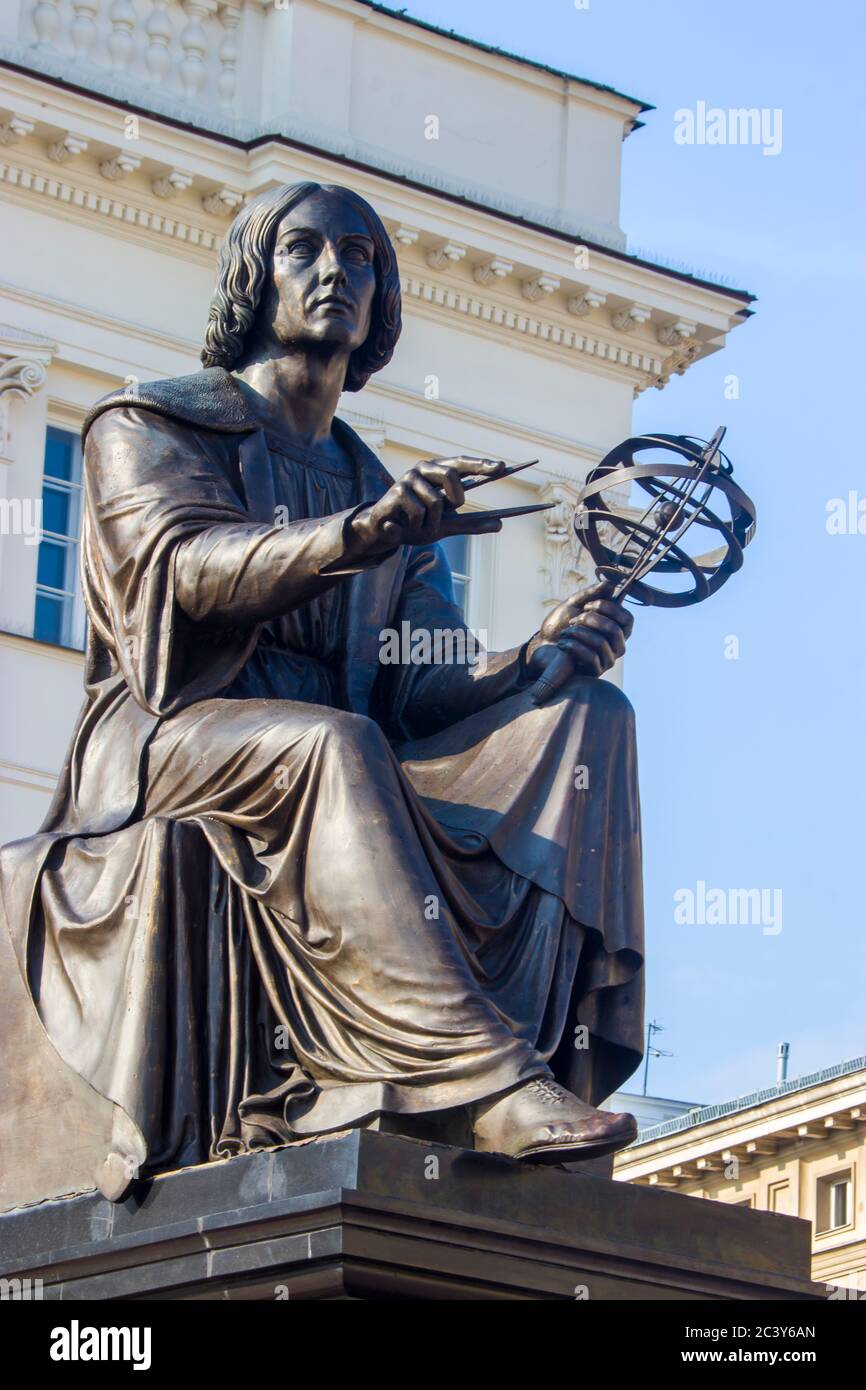The Statue of astronomer Nicolaus Copernicus in Warsaw Poland, who who formulated a model of the universe that placed the Sun rather than the Earth Stock Photo
