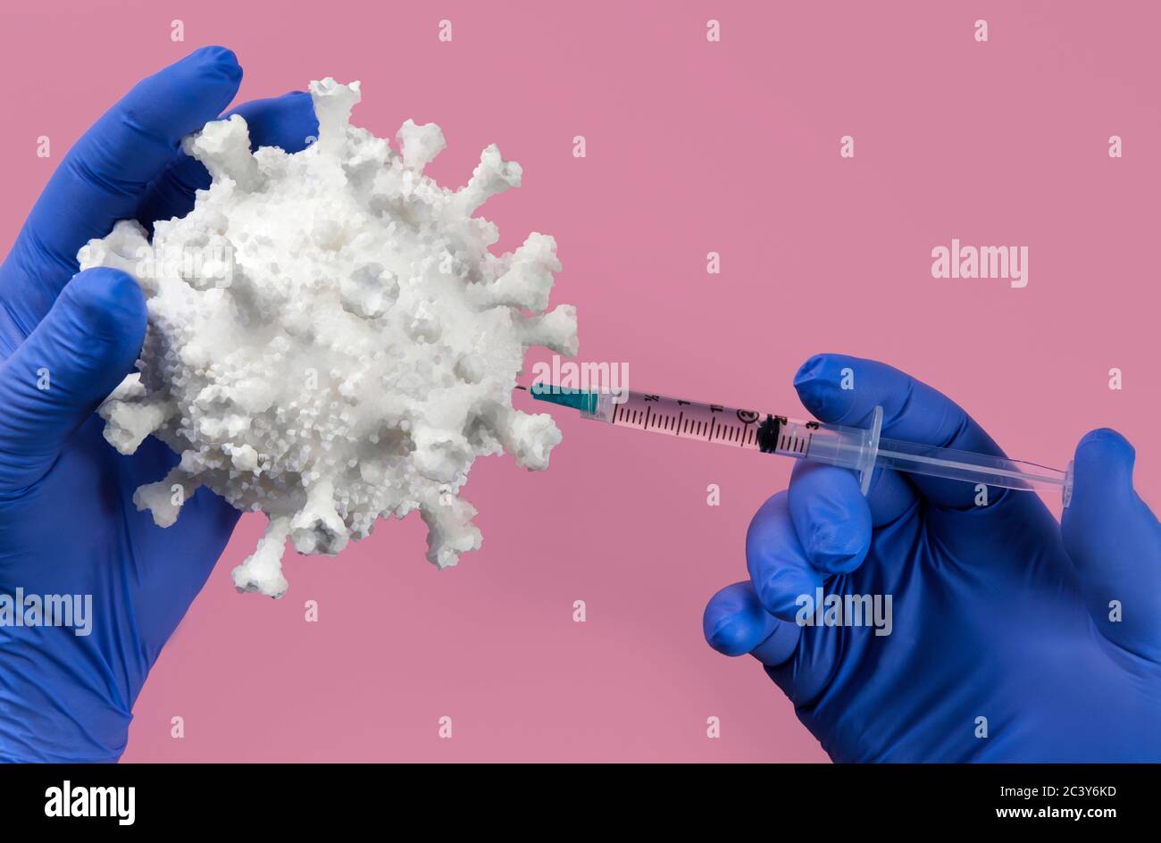 Hands in blue latex gloves holding Coronavirus model and syringe Stock Photo