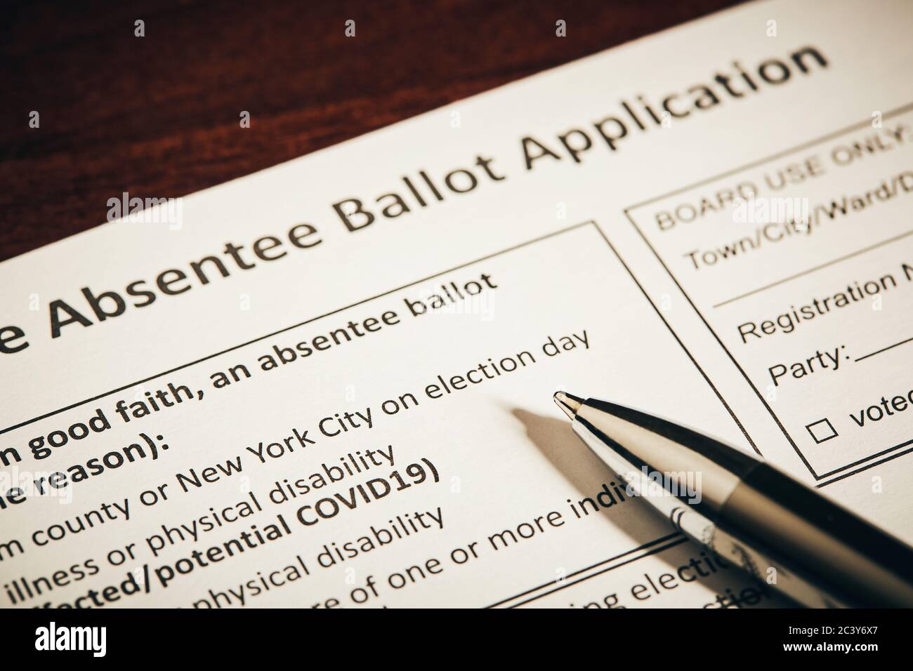 Pen on absentee ballot application Stock Photo