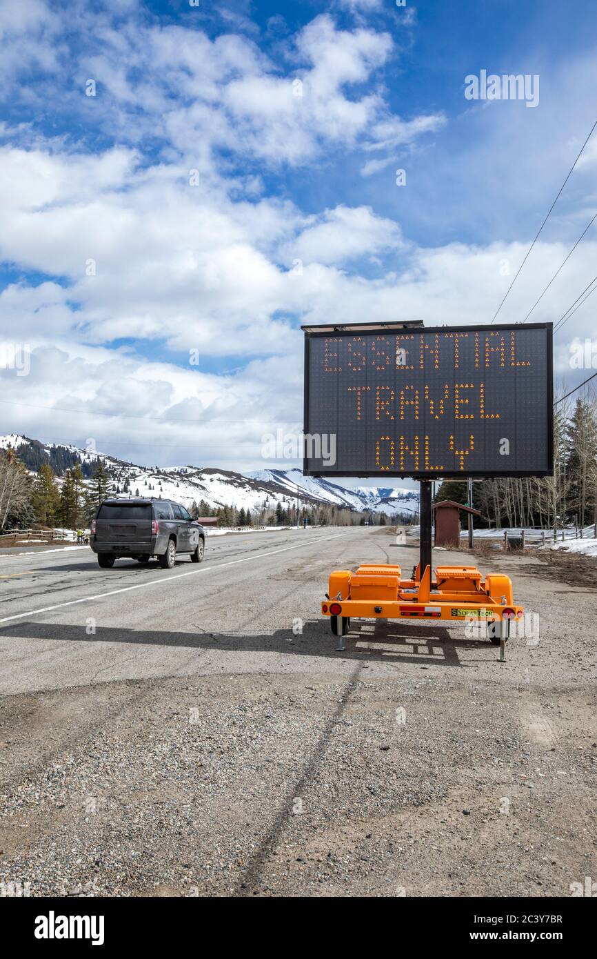 USA, Idaho, Sun Valley, COVID 19 lockdown on travel electronic sign on
